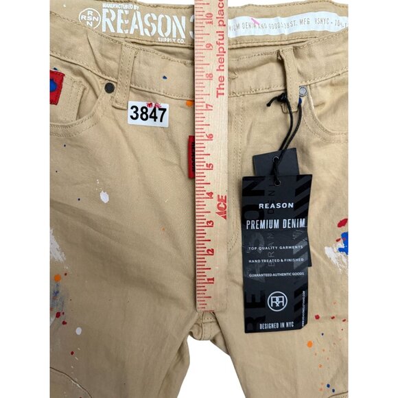 NWT Reason Premium Denim Straight Leg Jeans Slim Paint-Splatter Mens Khaki 32 - Picture 10 of 12